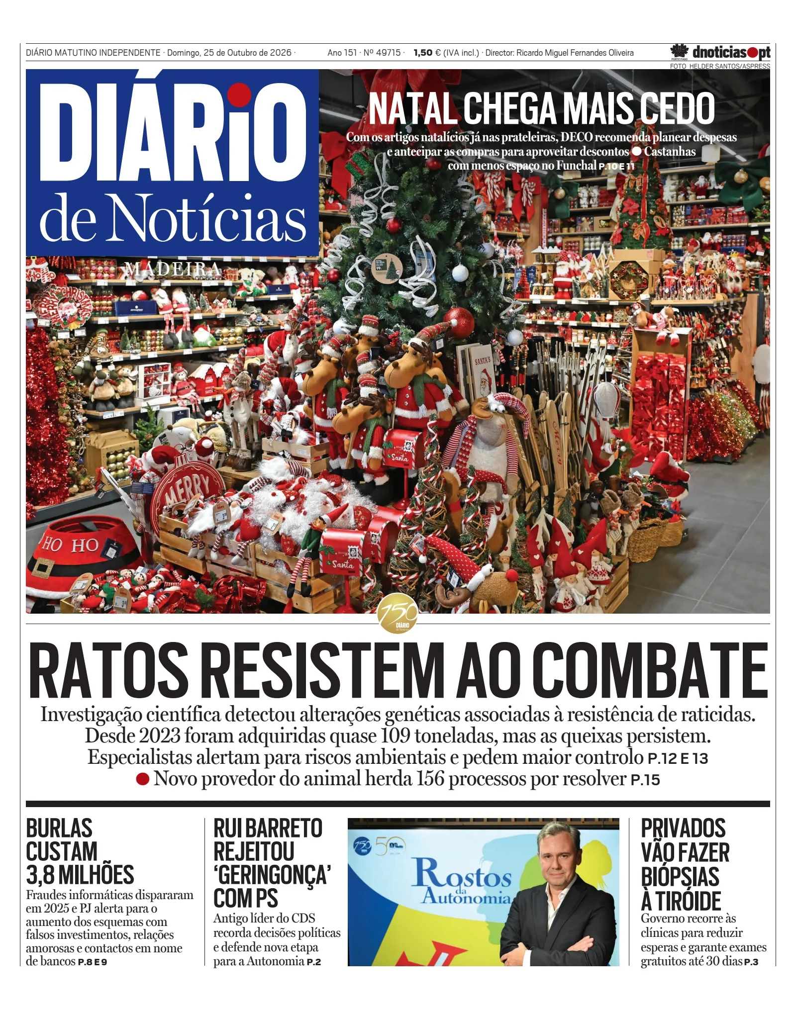 Capa do Diário de Notícias da Madeira de domingo, 25 de outubro de 2026