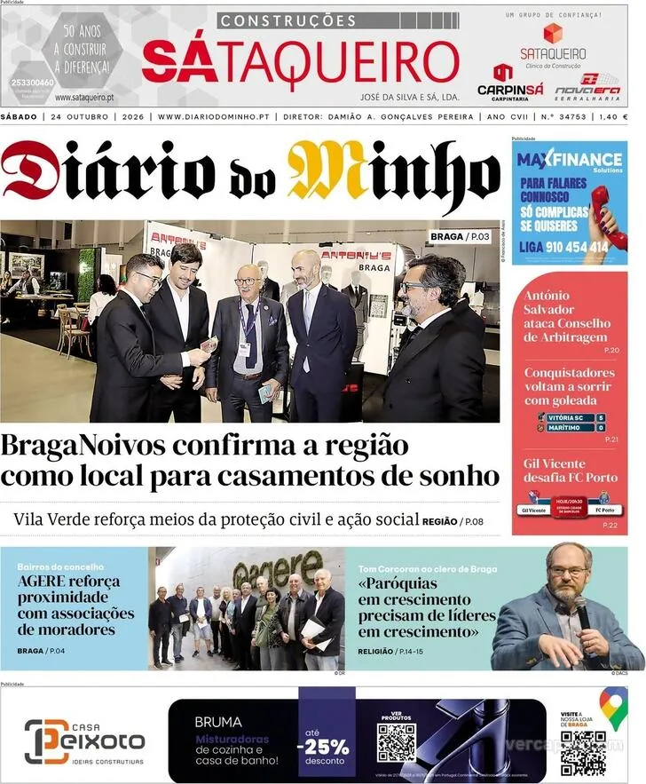 Capa do Diário do Minho de domingo, 25 de outubro de 2026