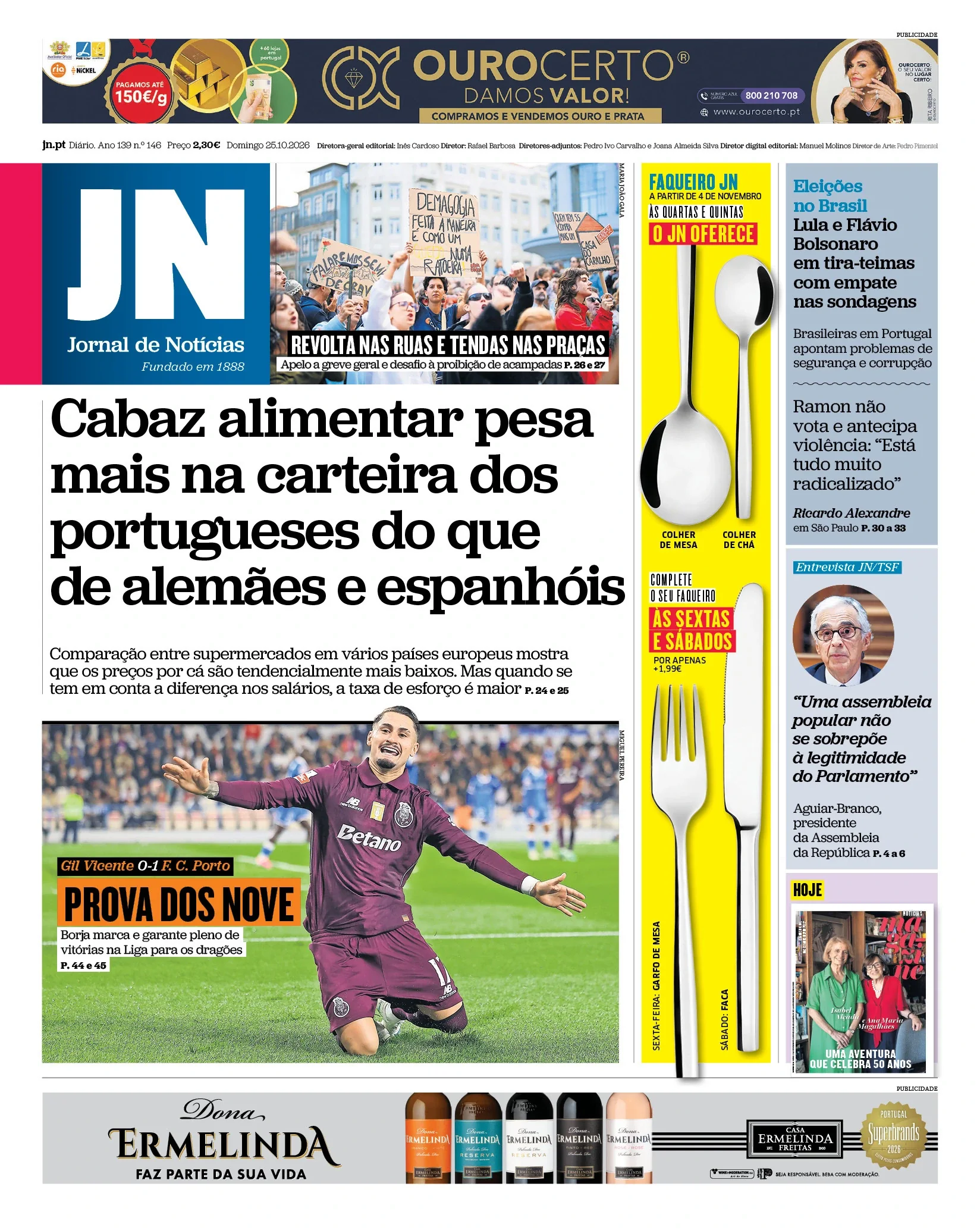 Capa do Jornal de Notícias de domingo, 25 de outubro de 2026