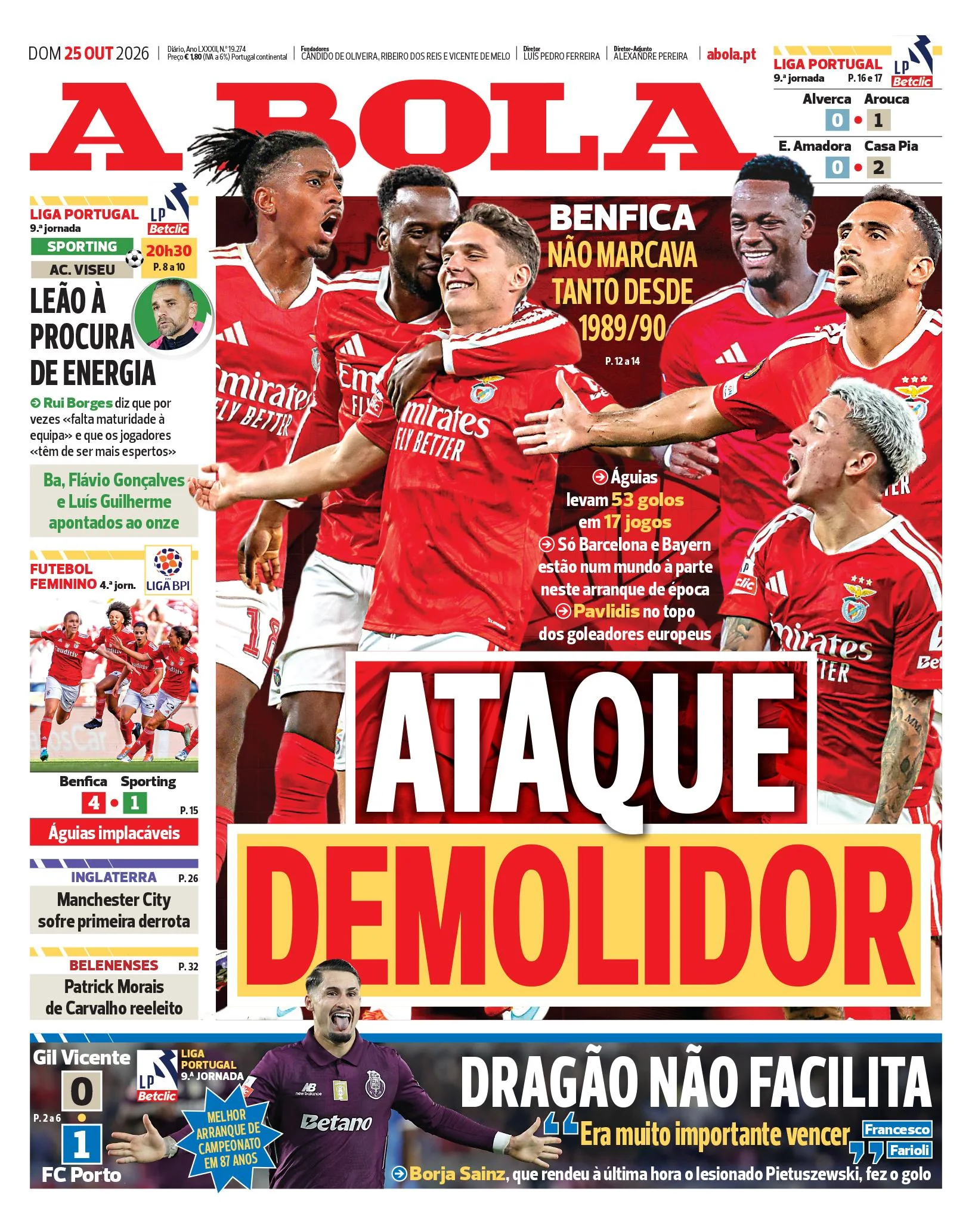 Capa do A Bola de segunda-feira, 26 de outubro de 2026