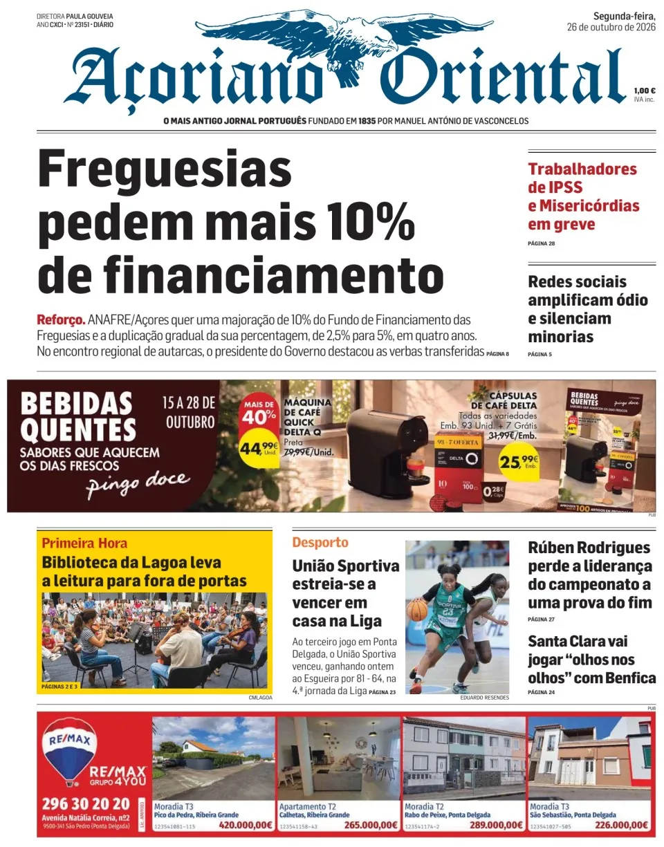 Capa do Açoriano Oriental de segunda-feira, 26 de outubro de 2026