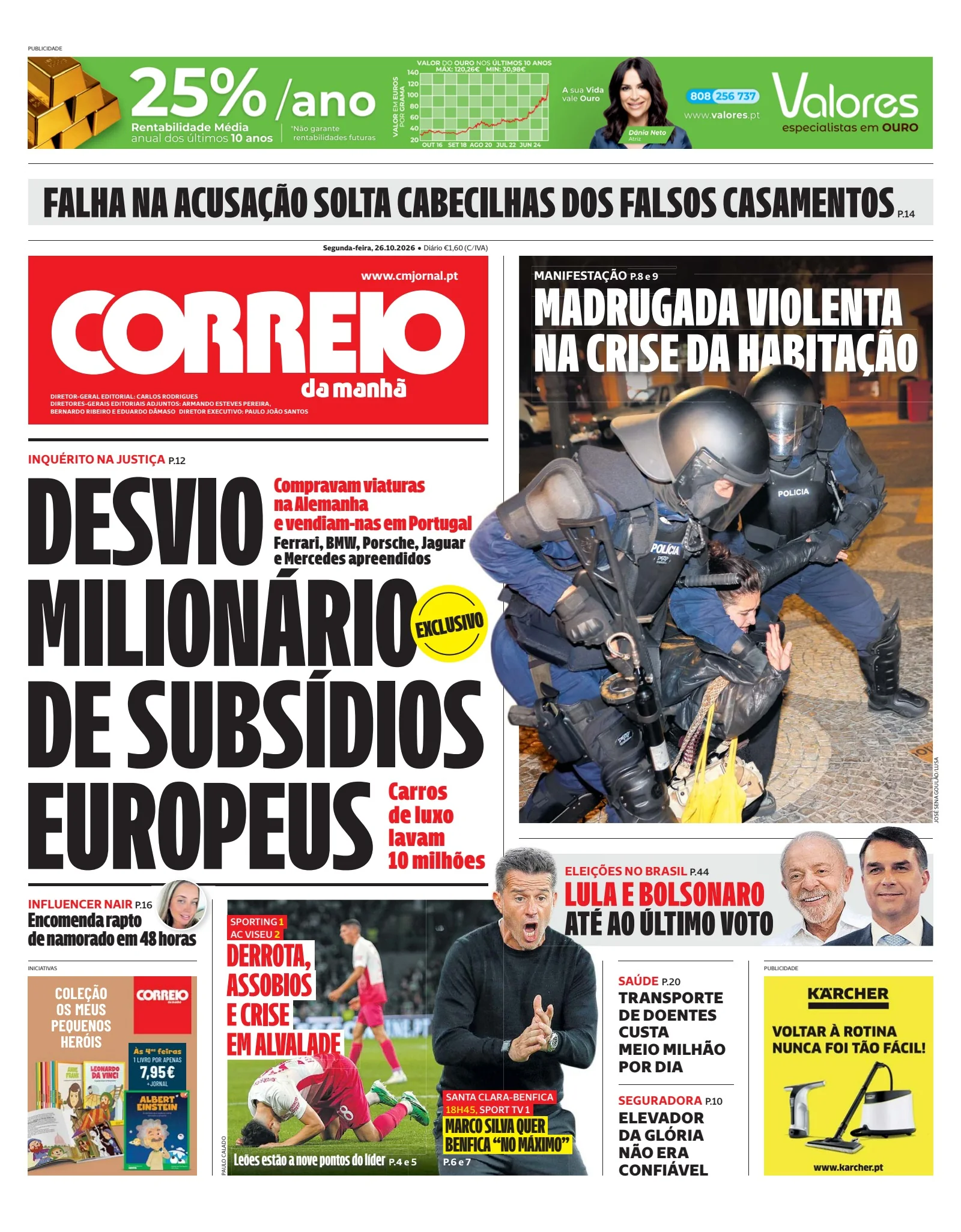 Capa do Correio da Manhã de segunda-feira, 26 de outubro de 2026