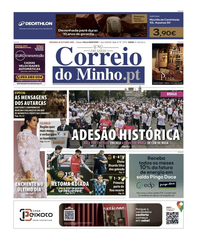 Capa do Correio do Minho de segunda-feira, 26 de outubro de 2026