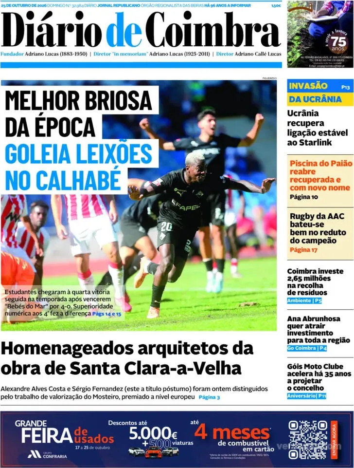 Capa do Diário de Coimbra de segunda-feira, 26 de outubro de 2026