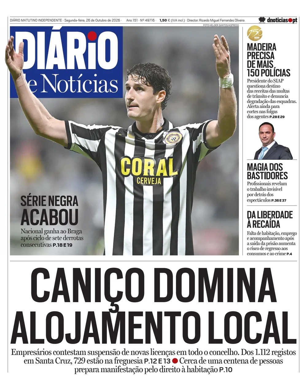 Capa do Diário de Notícias da Madeira de segunda-feira, 26 de outubro de 2026