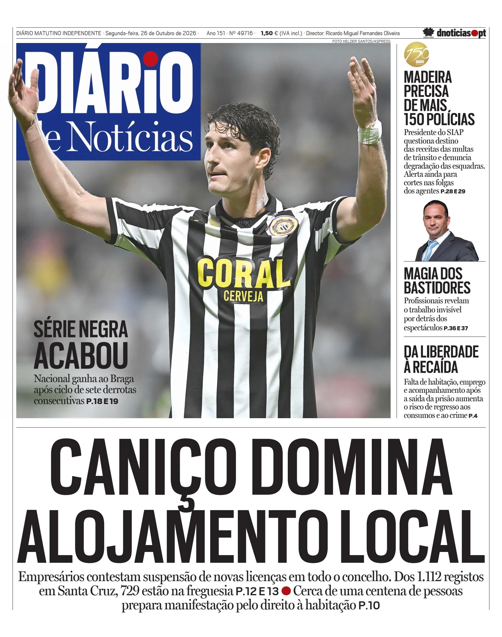 Capa do Diário de Notícias da Madeira de segunda-feira, 26 de outubro de 2026