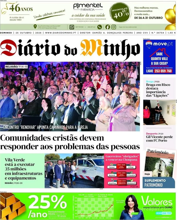 Capa do Diário do Minho de segunda-feira, 26 de outubro de 2026