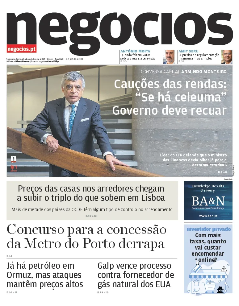 Capa do Jornal de Negócios de segunda-feira, 26 de outubro de 2026