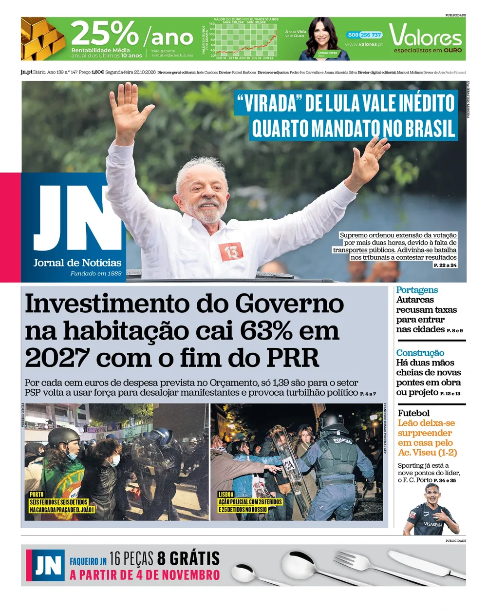 Capa do Jornal de Notícias de segunda-feira, 26 de outubro de 2026