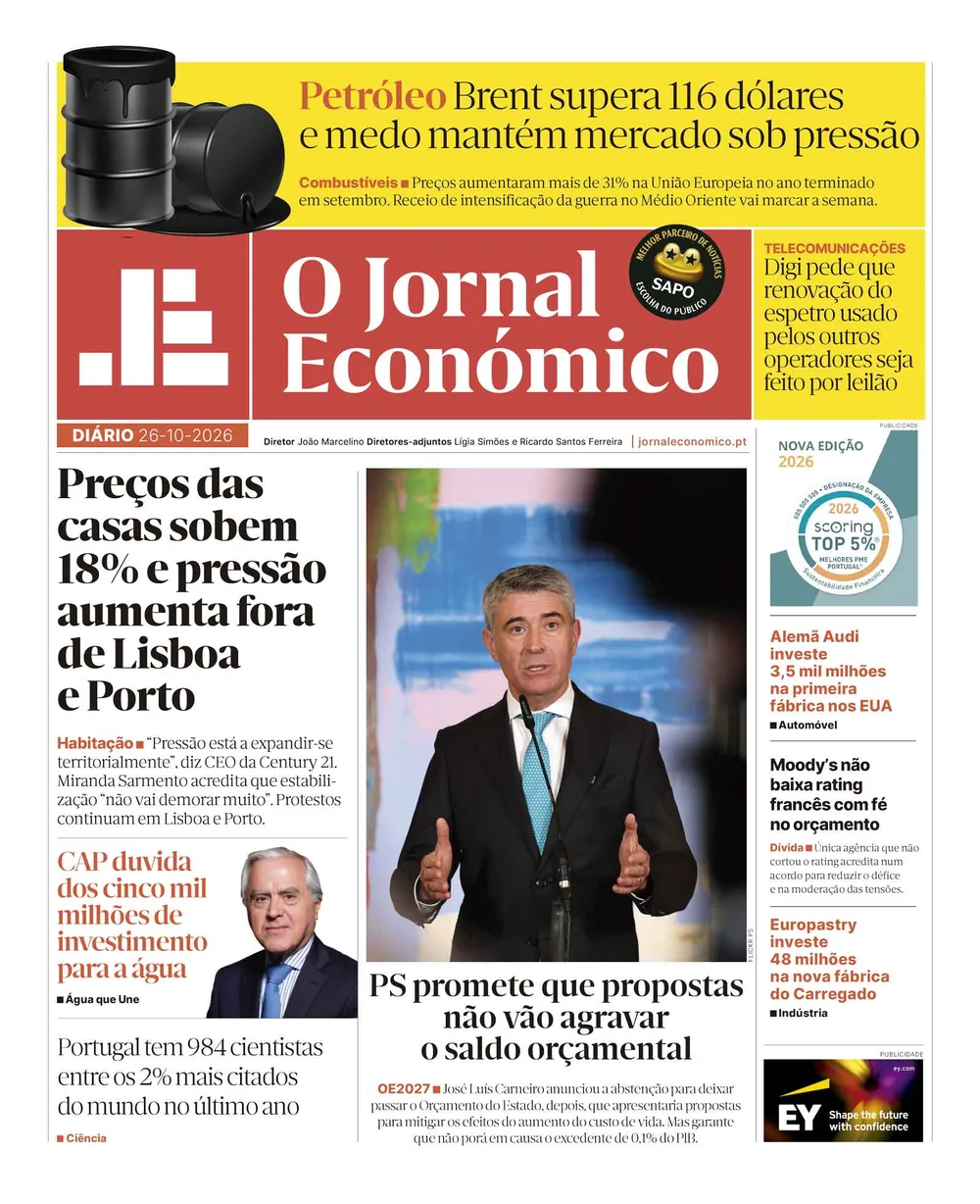 Capa do Jornal Económico de segunda-feira, 26 de outubro de 2026