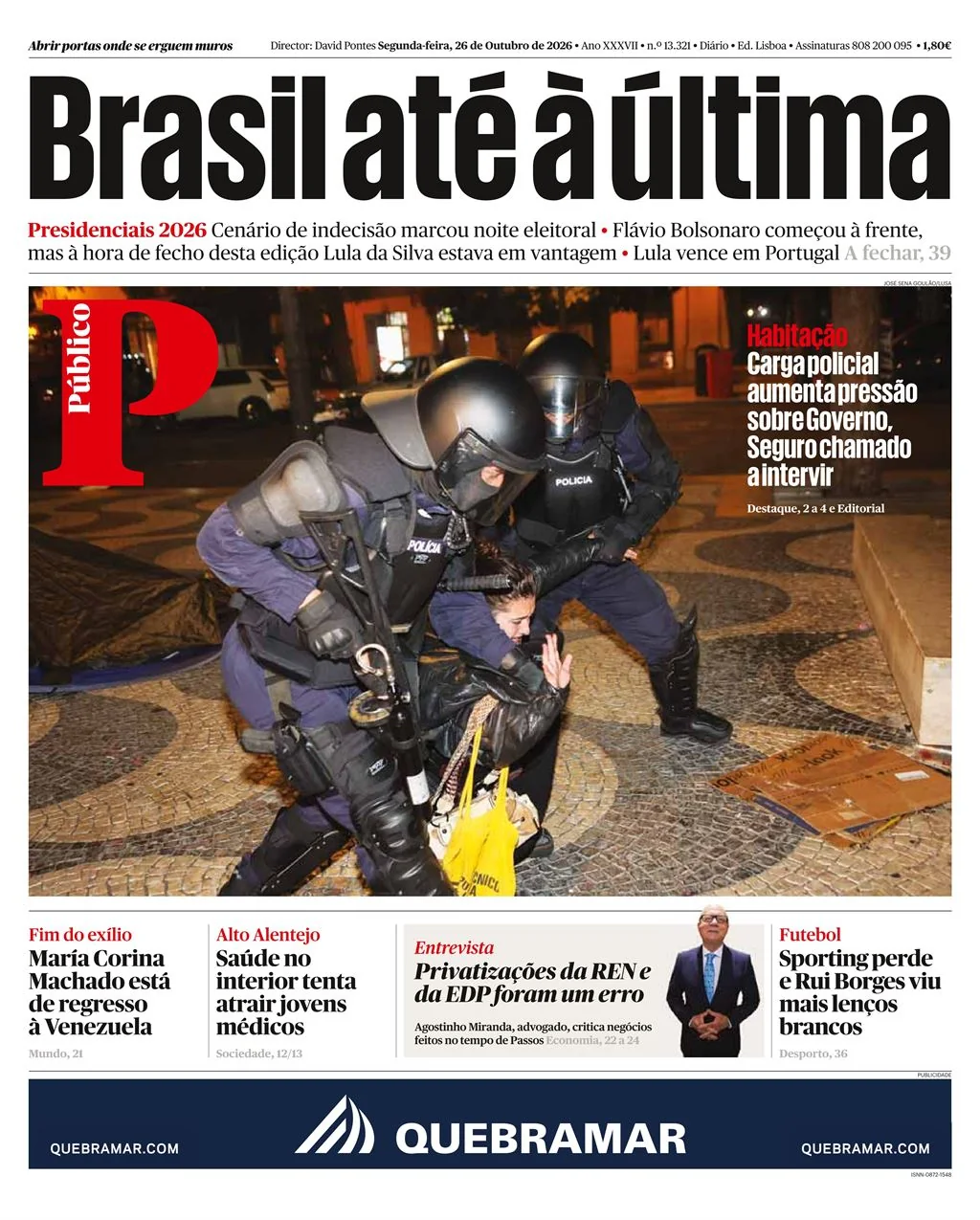 Capa do Público de segunda-feira, 26 de outubro de 2026